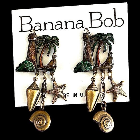 Banana Bob nautical earrings lighthouse boat shell ox gold crystal pierced - Picture 1 of 4